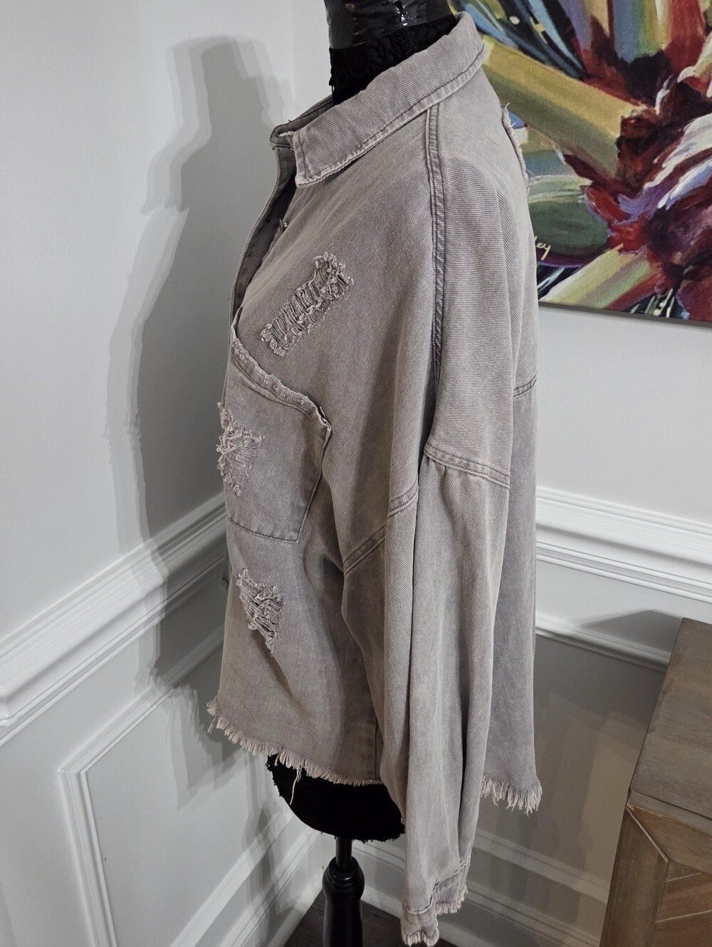 POL Distressed Denim Shacket Jacket Oversized Frayed Raw Hem Violet Gray Large - Picture 2 of 11